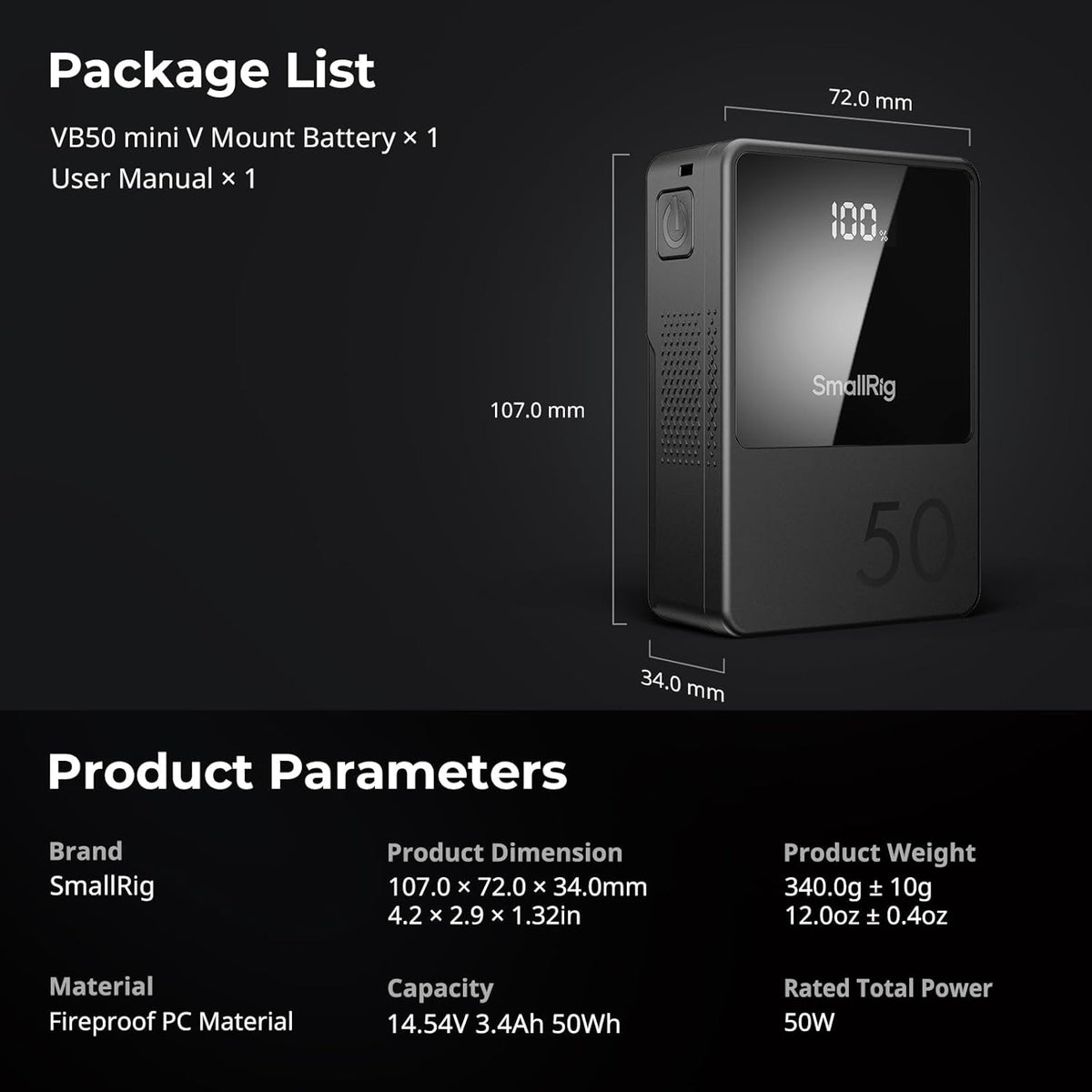 SMALLRIG V Mount Battery VB50, 50Wh / 3400mAh V-Mount Battery with PD 45W USB-C Fast Charging, with D-TAP, USB-A, Dual DC Ports, OLED Screen, for DSLR Camera, Camcorder, Monitor, Phone, Black - 3579B