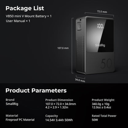SMALLRIG V Mount Battery VB50, 50Wh / 3400mAh V-Mount Battery with PD 45W USB-C Fast Charging, with D-TAP, USB-A, Dual DC Ports, OLED Screen, for DSLR Camera, Camcorder, Monitor, Phone, Black - 3579B