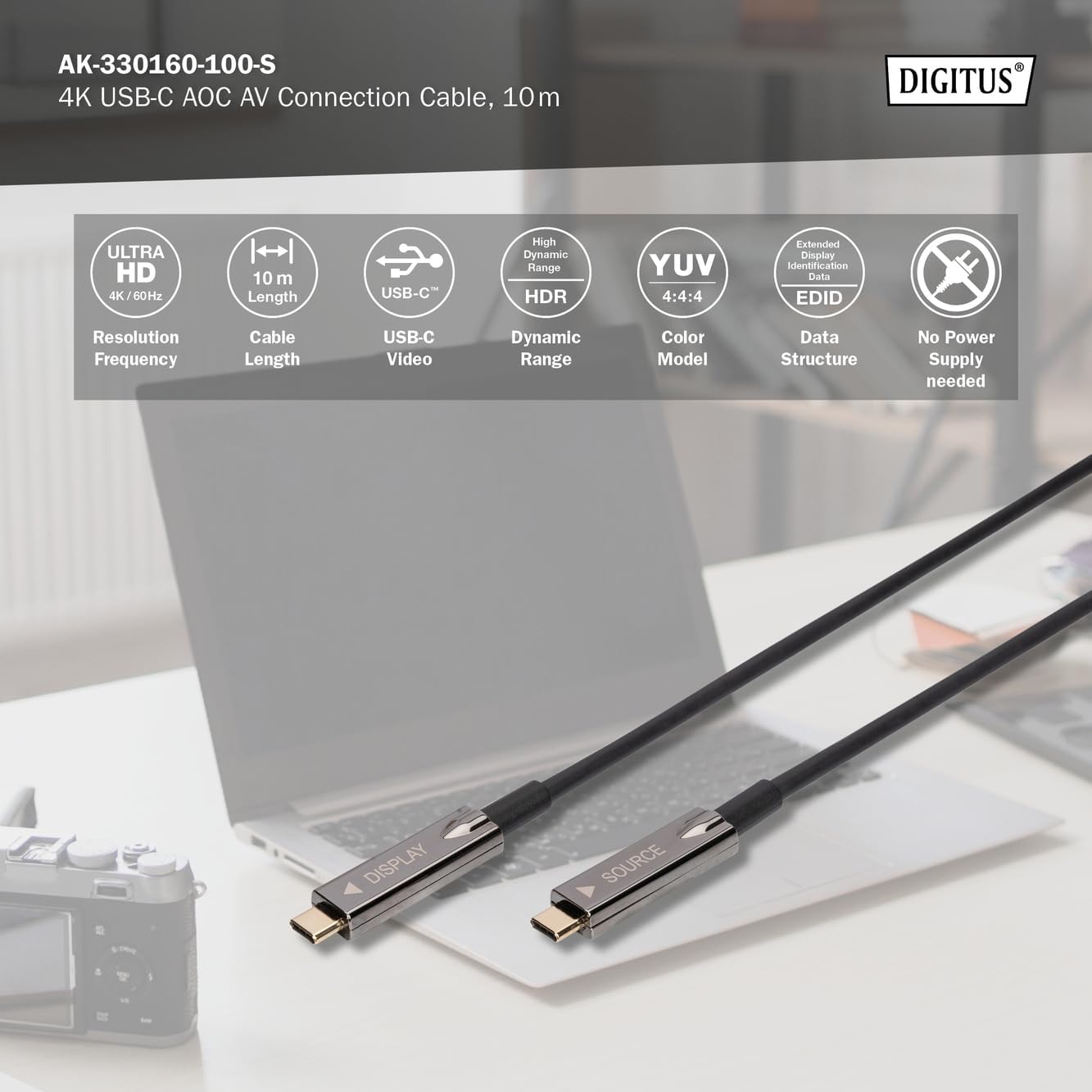 DIGITUS USB-C AOC hybride glasvezel AV verbindingskabel - USB 3.1 - Displayport 1.2 - DP Alt-Mode - Plug&Play - Audio/Video kabel - 10m - zwart