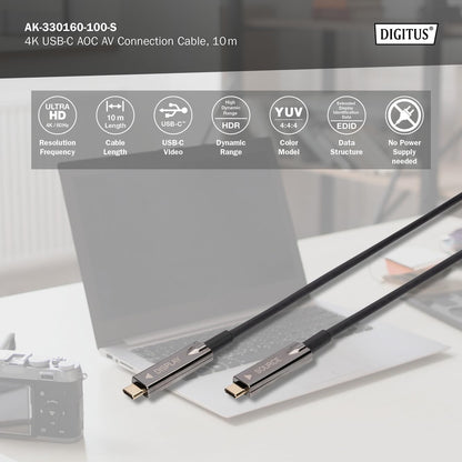 DIGITUS USB-C AOC hybride glasvezel AV verbindingskabel - USB 3.1 - Displayport 1.2 - DP Alt-Mode - Plug&Play - Audio/Video kabel - 10m - zwart
