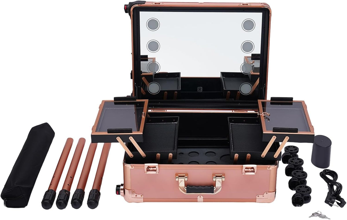 Cosmetic Trolley with Mirror - Makeup Suitcase and Cosmetic Case - Storage Cart Beauty Rolling Train Case KuNstler Travel Bag with 4 Wheels (Rose Gold) - QUORE