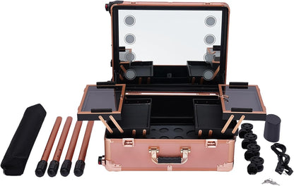 Cosmetic Trolley with Mirror - Makeup Suitcase and Cosmetic Case - Storage Cart Beauty Rolling Train Case KuNstler Travel Bag with 4 Wheels (Rose Gold) - QUORE