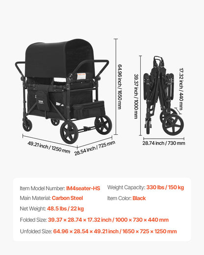 VEVOR Wagon Kinderwagen voor 4 Kinderen, Push Pull Quad Opvouwbare Kinderwagen met Verstelbare Handvat, 5-punts Veiligheidsharnas & Afneembare Luifel, 4-zits Kinderwagen voor Camping, Zwart (149,7 kg