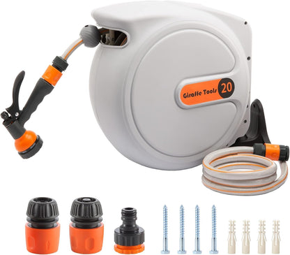 Giraffe Tools Automatische slanghaspel, 20 m + 2 m, wandmonteerbare slang, trommel, 180° draaibaar, met 7 patronen en witte aansluitslang