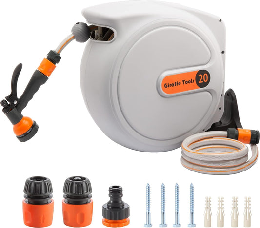 Giraffe Tools Automatische slanghaspel, 20 m + 2 m, wandmonteerbare slang, trommel, 180° draaibaar, met 7 patronen en witte aansluitslang