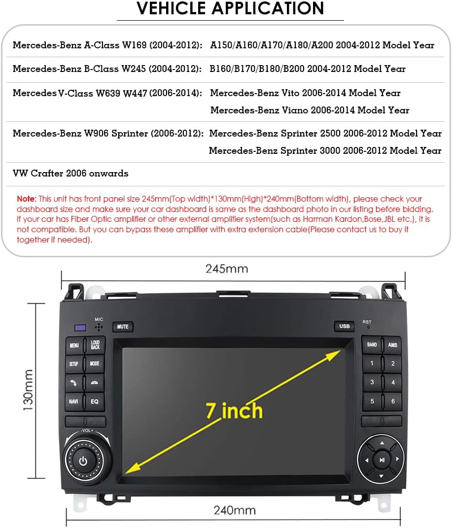 Carplay-navigatiesysteem voor Android 7 inch vervangend display voor Mercedes Benz A-klasse W169 A150/A160/A170/A180/A200/B-klasse W245/V W639 W447/Vito/Viano/W906 Sprinter