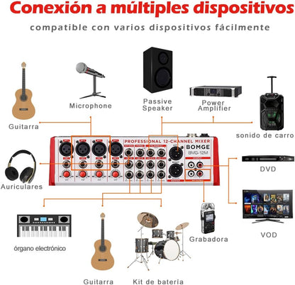 BOMGE 12-Input soundboard Mixer met Mic Preamps en Compressoren, 24DSP, bluetooth, 48V Power, Britse EQ en USB/Audio Interface voor opname, karaoke en podcast. (12M-12 kanaal)