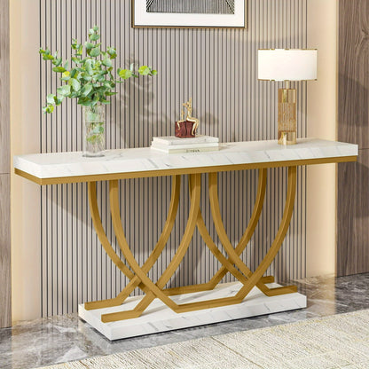 Moderne Sidetable – Console Tafel – Sofa Tafel – Haltafel – Wandtafel – Wit met Gouden Kunstmarmer – Slank 59 Inch