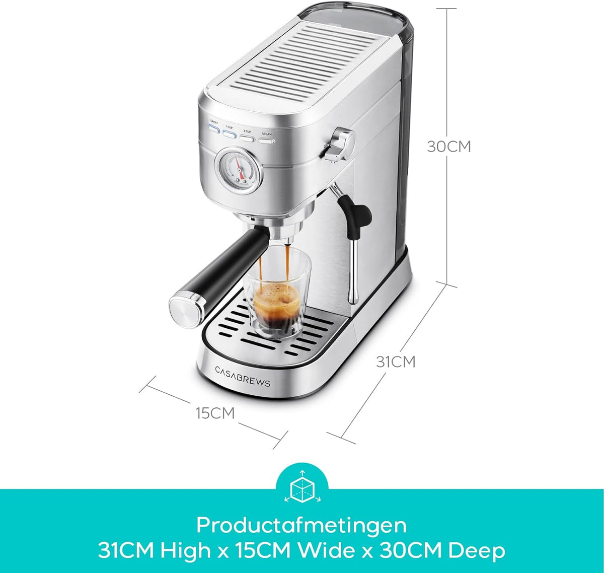 CASABREWS 5418 Espressomachine 20 Bar met Professionele Melkopschuimer voor Thuis Kleine Keuken Huishoudens Latte Cappuccino Espresso Koffiemachine Apparaat Maker,1L Afneembare Waterreservoir,Zilver