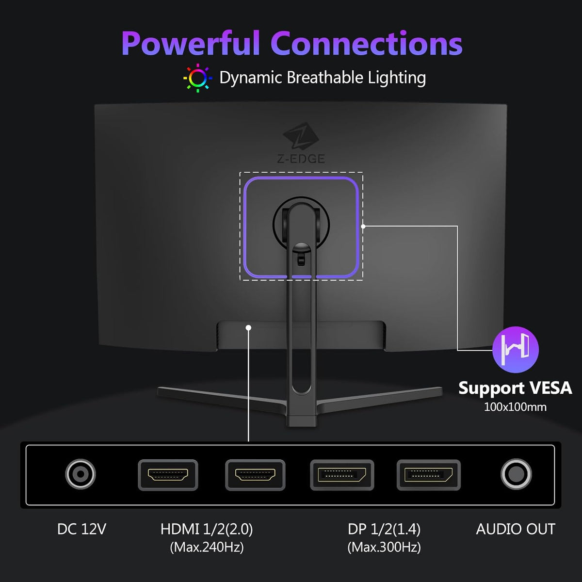 Z-Edge Gaming Monitor Curved 27'' 300Hz (DP1.4*2), 1ms, FHD, FreeSync, 240Hz (HDMI2.0*2), 16:9 LED Gaming Monitor, Adjustable Tilt, HDR, VA, 3000:1, RGB VESA 100*100mm(DP Cable Included)