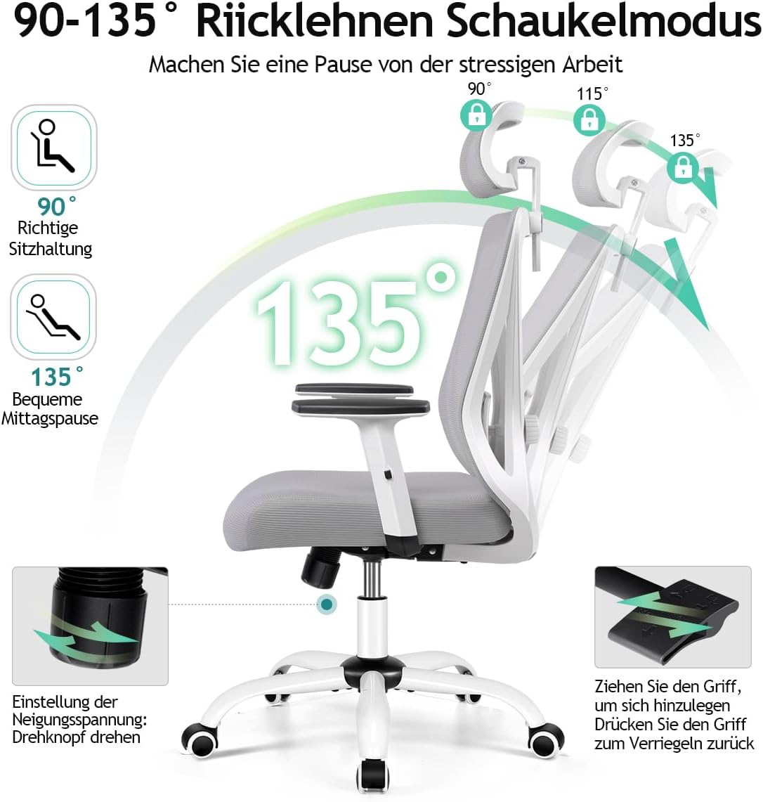 Bureaustoel – Ergonomische Stoel – Computerstoel – Kantoorstoel – Draaistoel – Verstelbare Hoofdsteun En Lendensteun – 130° Schommelfunctie, Belastbaar Tot 150 kg
