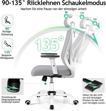 Bureaustoel – Ergonomische Stoel – Computerstoel – Kantoorstoel – Draaistoel – Verstelbare Hoofdsteun En Lendensteun – 130° Schommelfunctie, Belastbaar Tot 150 kg