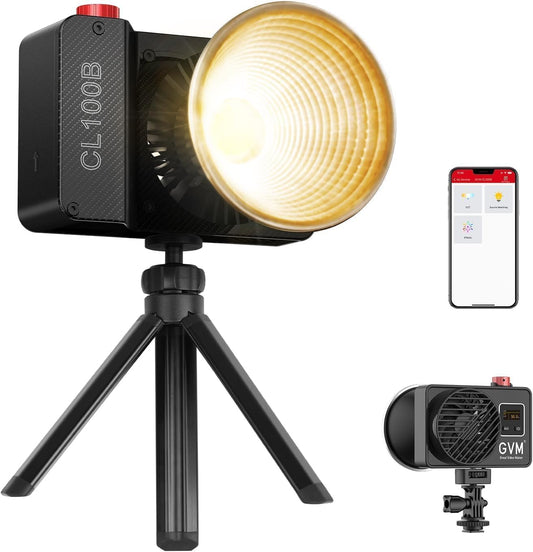 GVM Led-videolicht, 100 W, 2700 K ~ 6800 K, COB-camealicht, continu licht, fotolicht, 18500 lux @1 m studiolicht met reflector, 12 scènes fotografie-licht voor studio, fotografie, video-opnames, USB