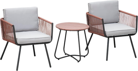 Outsunny Tuinmeubelset van polyrotan, 3-delig, stalen frame, 2 stoelen + 1 salontafel, kussens, incl. teakgrijs, oranje