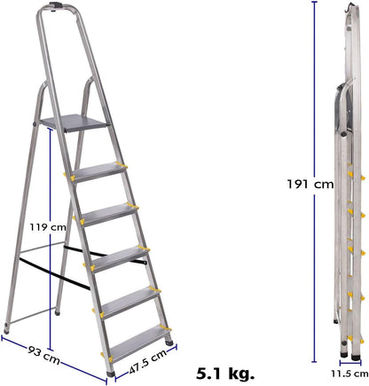 DURA Trapladder met 6 treden, opvouwbaar, licht opstapje van aluminium, platformhoogte 119 cm, antislip voeten, belasting 150 kg, 5 jaar garantie Hoström