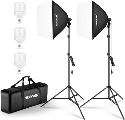 NEEWER Softbox verlichtingsset, equivalent aan 700 W, verpakking van 3 stuks, CE & UKCA gecertificeerde 5700 K led-gloeilampen, 61 x 61 cm softboxen met E27-fitting, continue fotografieset, fotostudio