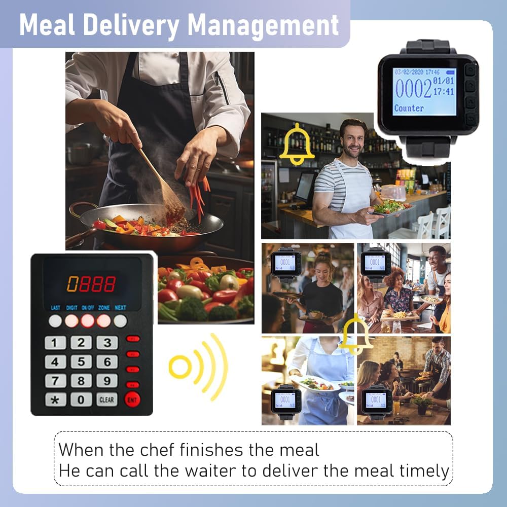 Restaurant Pager Systeem met 1 Call Keypad en 5 Watch Display Receiver, Wireless Calling System, Geschikt voor Keuken Paging Ober, Cook Druk om Oproep Ober om gerechten te nemen