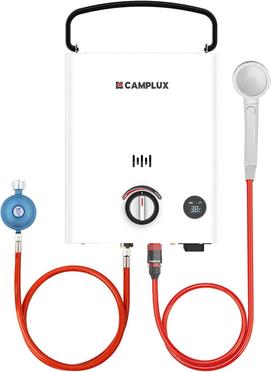CAMPLUX First Gasdoorstroomboiler, 5 liter, met handgreep, LPG, 50 mbar, voor camperuitstapjes, campingdouche, F5-DE