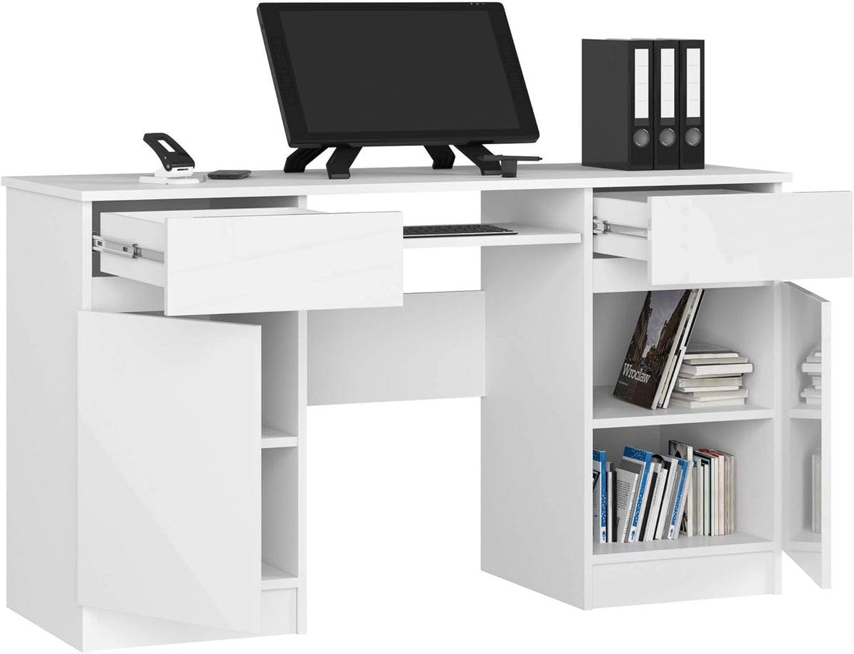 PC Desk A5 with Keyboard Shelf, Office Desk, Computer Table, Desk Table with Keyboard Shelf, 2 Drawers and 2 Door Shelves, W135 x H77 x D50 cm, 58 kg, White/White Glossy - QUORE