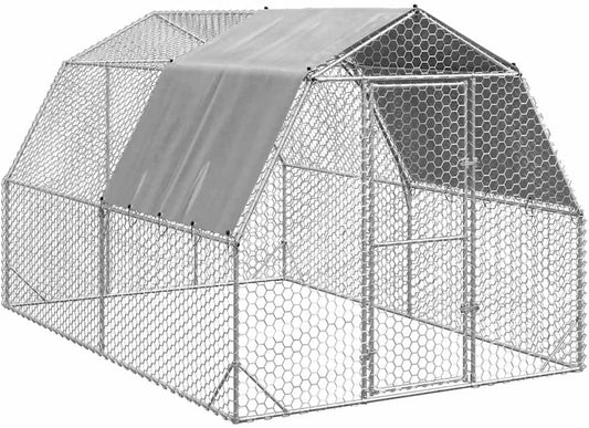 Chicken Coop with Roof, 2.5 x 4 x 2.25 m, Galvanised Steel, Small Animal Hutch, Cage, Chicken Coop, Outdoor Enclosure - QUORE