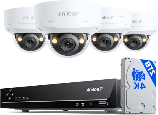 Reolink 4K 8-channel Dome PoE system with IK10 vandal resistance, color night vision, 2TB HDD, smart detection, two-way audio, spotlights, IP67 weatherproof, RLK8-800V4. - QUORE