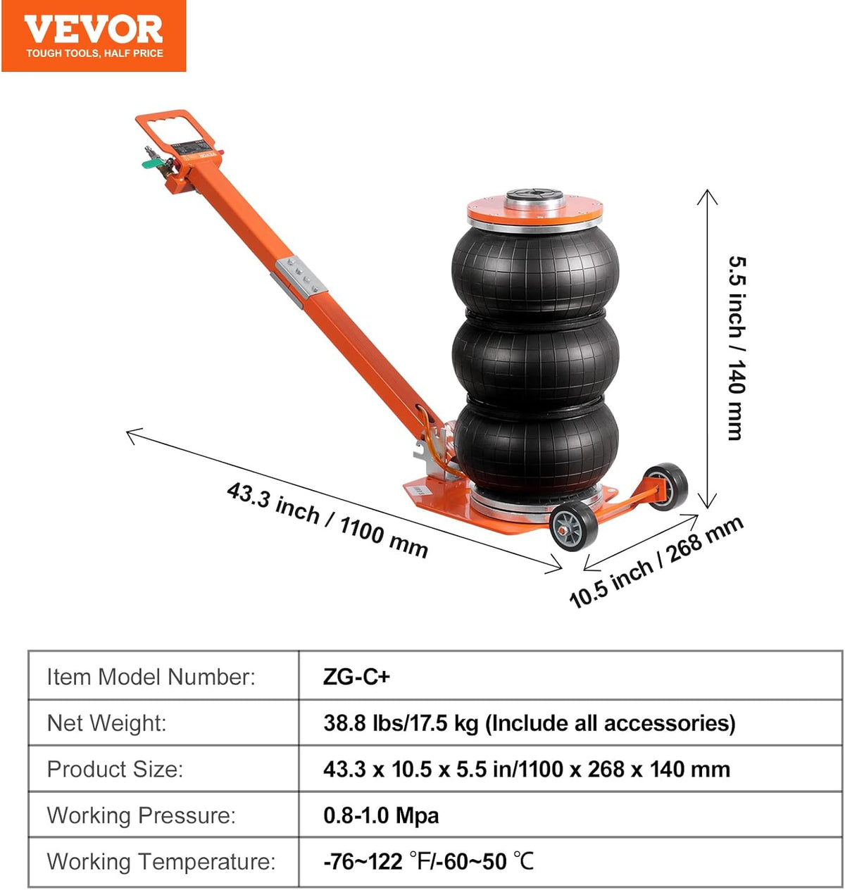 VEVOR Air Jack, 3 Ton/6600LB, 1-6S Pneumatic Lift Jack with Raised Column and Adjustable Handle, Compact, Easy to Lift and Space Saving Jack with Thick Rubber Pad, Fits for Sedan