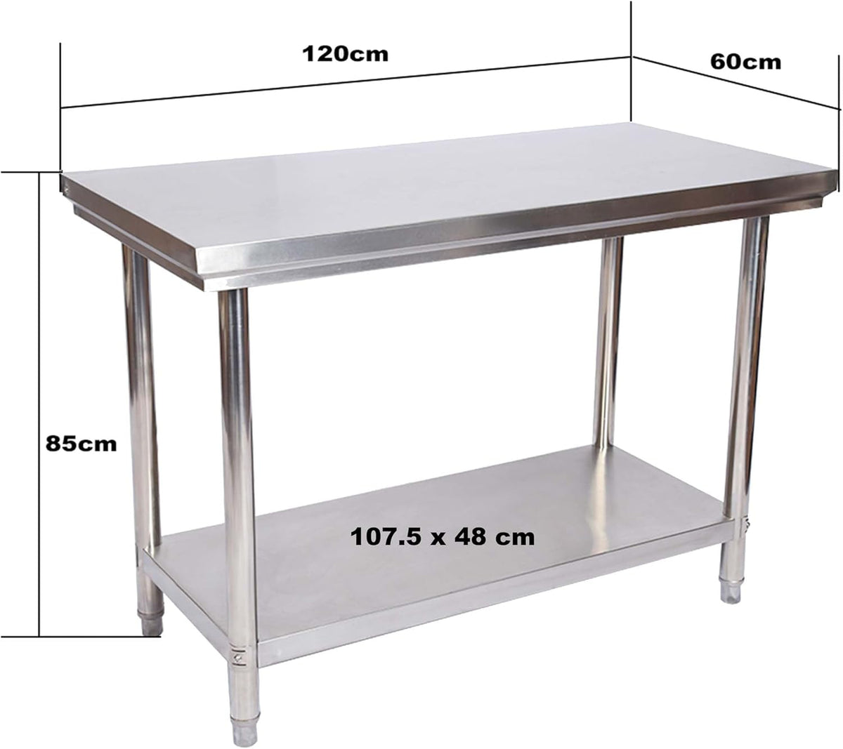 Wiltec roestvrijstalen werktafel met legbord 120x60x85 cm, hoogteverstelbare arbeidstafel voor horeca en keuken, tafel voor werkplaats tuin kelder