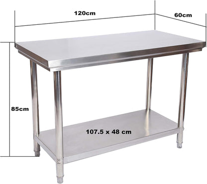 Wiltec roestvrijstalen werktafel met legbord 120x60x85 cm, hoogteverstelbare arbeidstafel voor horeca en keuken, tafel voor werkplaats tuin kelder