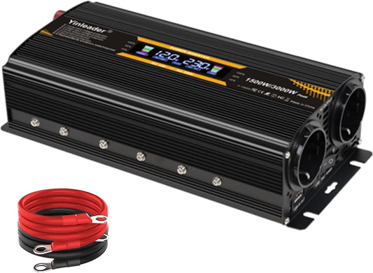 Yinleader Spanningstransformator 12 V naar 220 V, 1500 W / 3000 W, wisselrichter voor auto met gemodificeerde sinusgolf, met display, dual EU-stekker, USB