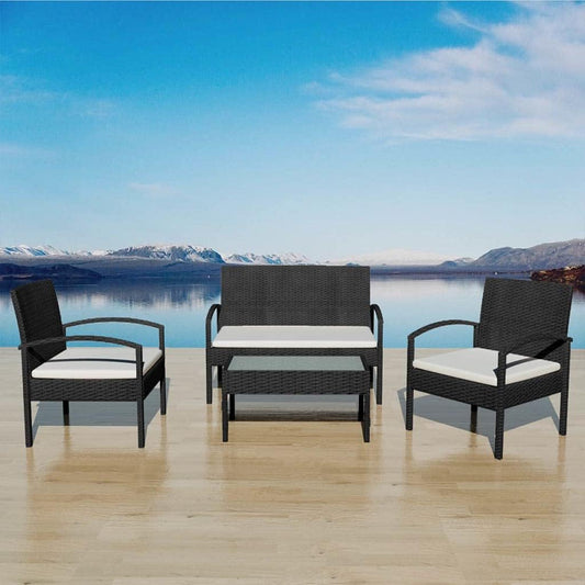 Lounge tuinmeubelset balkon meubelset tuinlounge set 4-dlg. tuin-loungeset met kussens polyrotan zwart - QUORE
