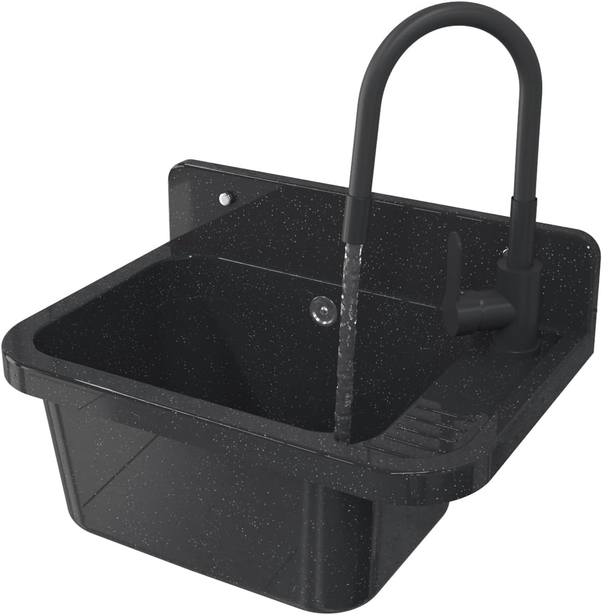 Granitan Gootsteen voor garage, kelder, werkplaats en waskeuken, universele wastafel met sifon, wastafel, wandmontage, 50 x 34 x 31 cm (zwart + wastafelarmatuur FLEX)