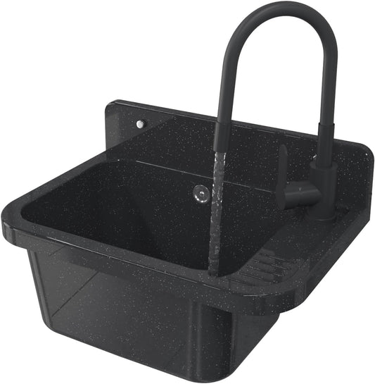 Granitan Gootsteen voor garage, kelder, werkplaats en waskeuken, universele wastafel met sifon, wastafel, wandmontage, 50 x 34 x 31 cm (zwart + wastafelarmatuur FLEX)