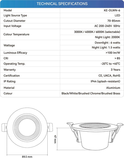 KEELED Zwarte Inbouwspots voor Plafond, Inbouwverlichting met Nachtlampfunctie, 230V, 6W, 3 kleurtemperaturen 3000K/4000K/6000K selecteerbaar, 70-85mm inbouwgat, 24 stuks