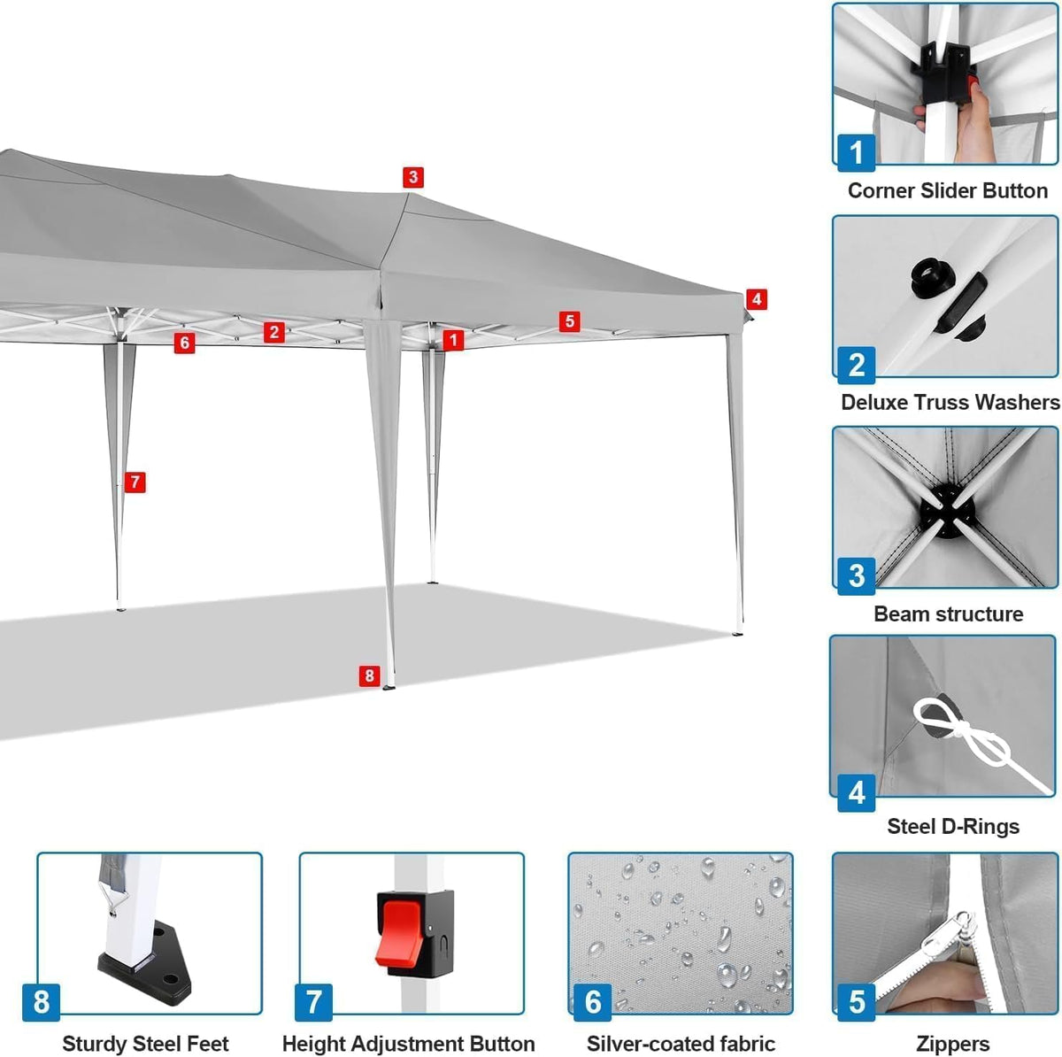 COBIZI Vouwpaviljoen, 3 x 6 m, waterdicht, stabiel, outdoor partytent, 3 x 6 m, met 6 zijwanden, anti-uv tuinpaviljoen, pop-up campingpaviljoen, voor bruiloften, buiten, tuin, feest, markt, grijs