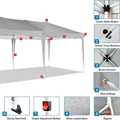 COBIZI Vouwpaviljoen, 3 x 6 m, waterdicht, stabiel, outdoor partytent, 3 x 6 m, met 6 zijwanden, anti-uv tuinpaviljoen, pop-up campingpaviljoen, voor bruiloften, buiten, tuin, feest, markt, grijs