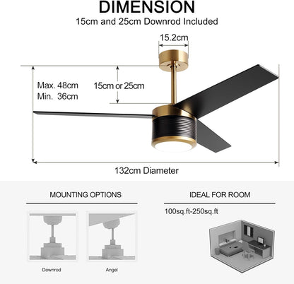 reiga 132 cm zwarte plafondventilator met lampen en afstandsbediening, dimbaar ledlicht met 3 kleurtemperaturen, stille motor, 3 zwarte vleugels, modern, voor binnen en buiten