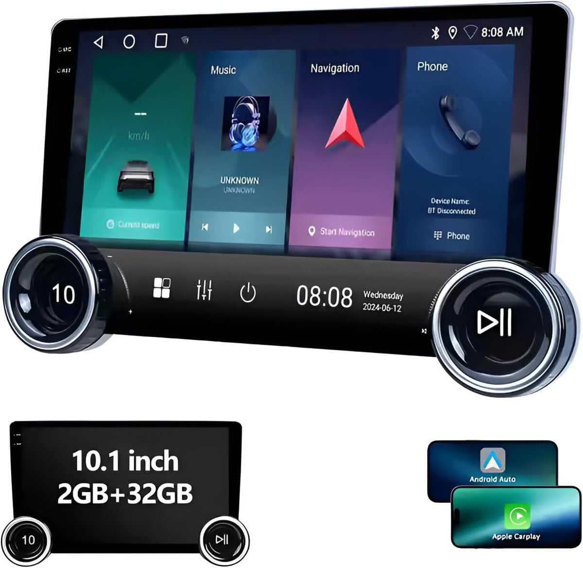 AudioTune Autoradio, 10,1 inch met Android 13 display, Apple Carplay Android auto, draadloos, stereo, bluetooth radio, autodisplay, autodisplay, automonitor, met navigator + FM-handgrepen, USB