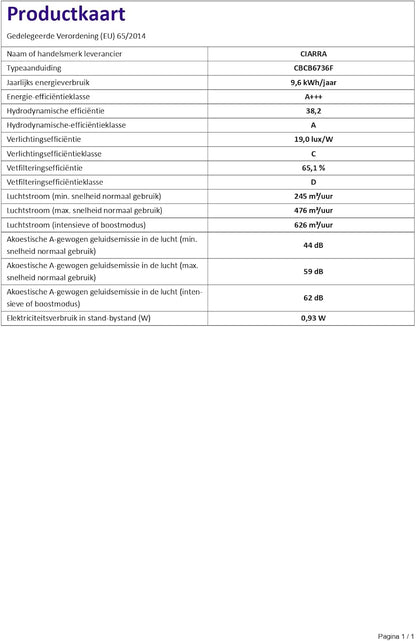 CIARRA CBCB6736F A+++ Afzuigkap 60 cm wandafzuigkap 650m³/h, 3 standen en boostfunctie. Wi-Fi app of touch. afvoer- en recirculatie afzuigkap met koolstoffilter CBCF003. Zwart
