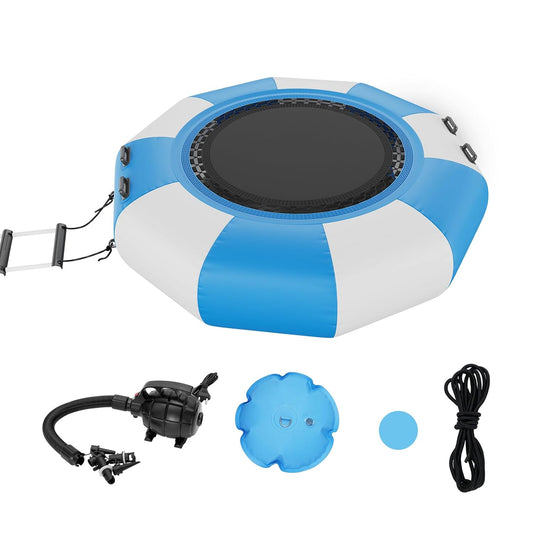VEVOR Opblaasbare watertrampoline, opblaasbare watertrampoline, 200 x 50 cm, draagbaar zwemplatform met ladder en elektrische luchtpomp, voor kinderen, zwembad, blauw en wit