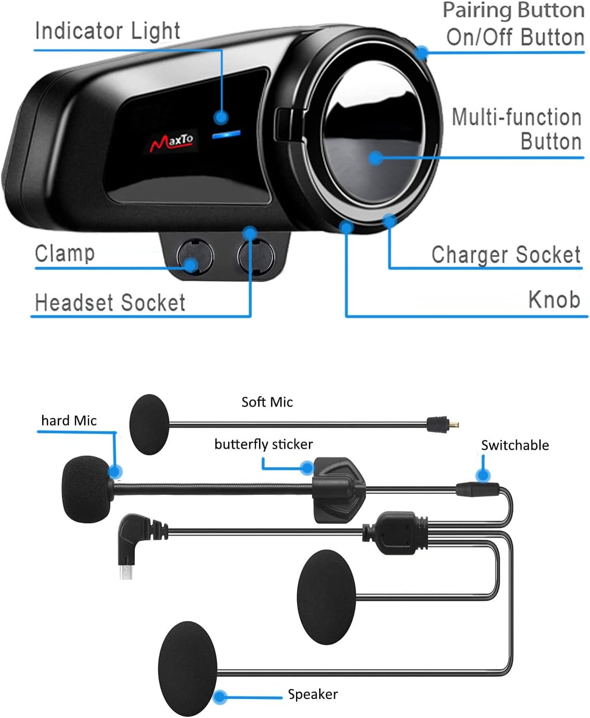 QSPORTPEAK Motorhelm Bluetooth Headset Communicatiesystemen Kit, 2 stks M2 1000M 6 Rijders Helm Bluetooth Intercom met Ruisonderdrukking, BT5.0/FM Radio/Siri/Universele koppeling/Waterdicht