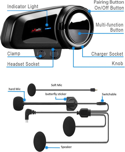 QSPORTPEAK Motorhelm Bluetooth Headset Communicatiesystemen Kit, 2 stks M2 1000M 6 Rijders Helm Bluetooth Intercom met Ruisonderdrukking, BT5.0/FM Radio/Siri/Universele koppeling/Waterdicht