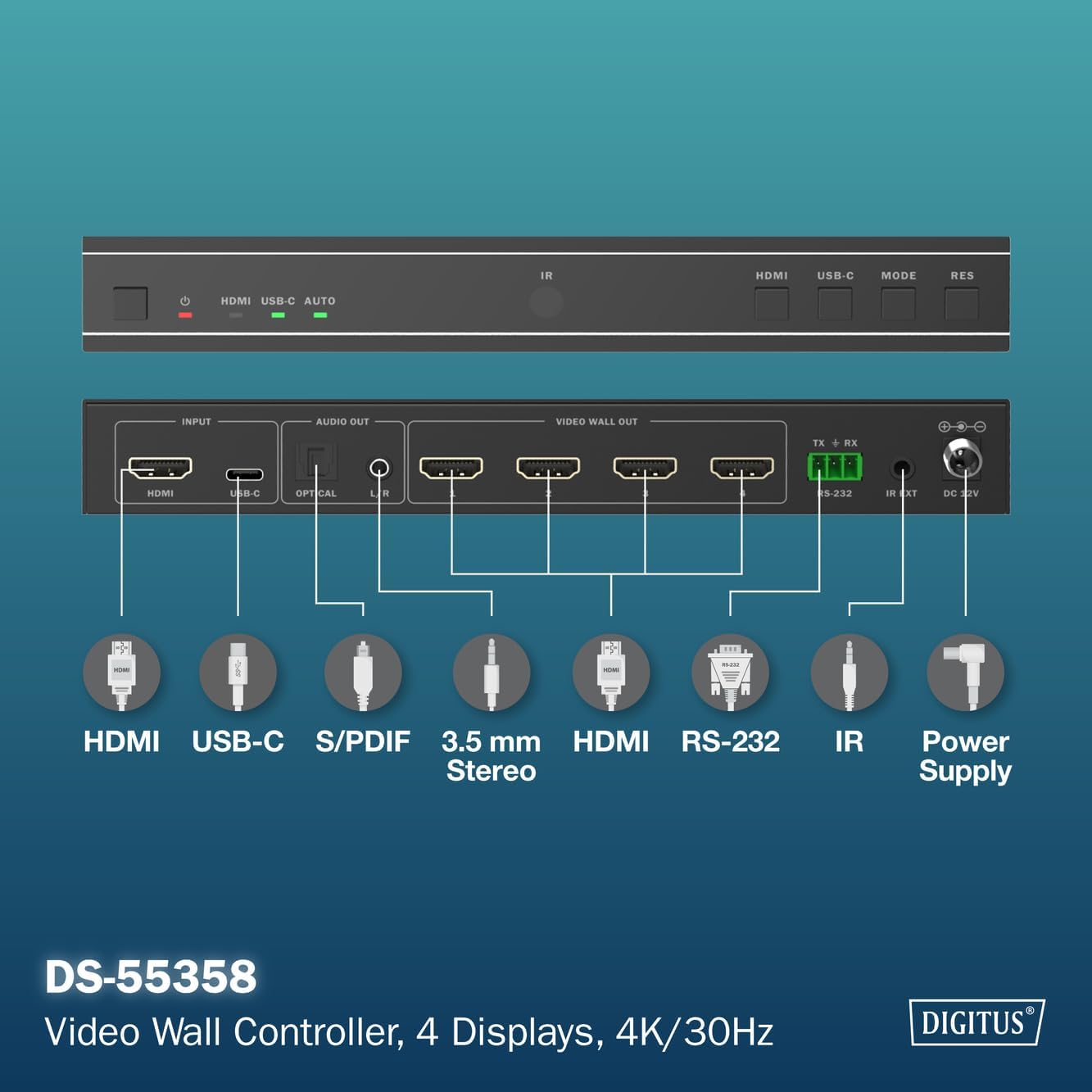 DIGITUS DS-55358 – HDMI-videowallcontroller – Ingangssignaal UHD 4k 60 Hz via HDMI 2.0 of USB-C – Uitgang 4k 30 Hz – Inclusief afstandsbediening – Weergavemodi 1x1, 2x1, 3x1, 4x1, 1x2, 1x3, 1x4, 2x2