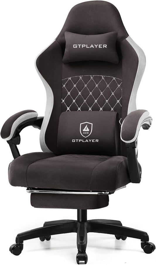 GTPLAYER Gaming Chair with Footrest Fabric Office Chair with Pocket Spring Cushion and Clutch Armrests, Ergonomic Computer Chair with High Back and Lumbar Support, Task Chair, Brown - QUORE