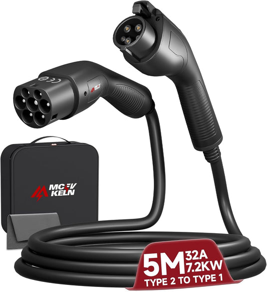 Type 2 naar type 1 EV-oplaadkabel – 5 m, 7,2 kW/32 A, type 2 stekker (IEC-62196) naar type 1-bus (SAE J1772), oplaadadapter voor J1772 elektrische voertuigen, voor Ioniq 5/Bolt EV/EV 6