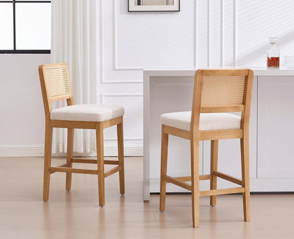 Barstoel – Barkruk – Hoog Krukje – Keukenstoel – Bistrostoel – Set van 2 – Rieten Rugleuning – Chenille Zitkussen – Massief Houten Poten – Wit - QUORE