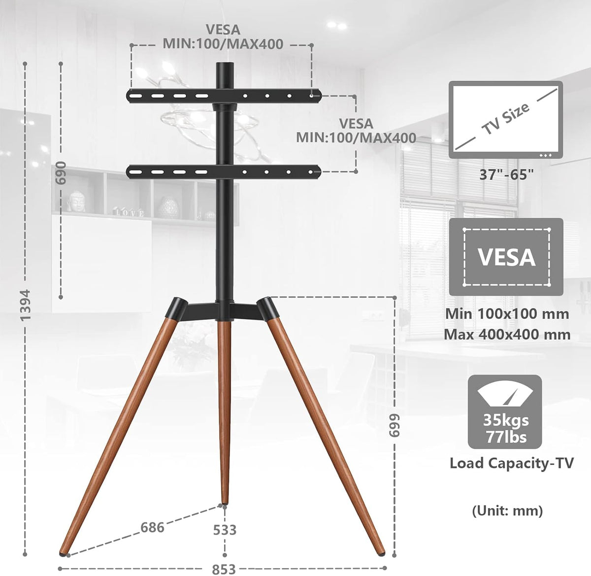 Tv vloerstandaard met statief – Bruin – Tv voet – Tv standaard – Televisiestandaard – Televisiestatief – Draaibaar en in hoogte verstelbaar – Geschikt voor 32 tot 65 inch en VESA 100x100 tot 400x400