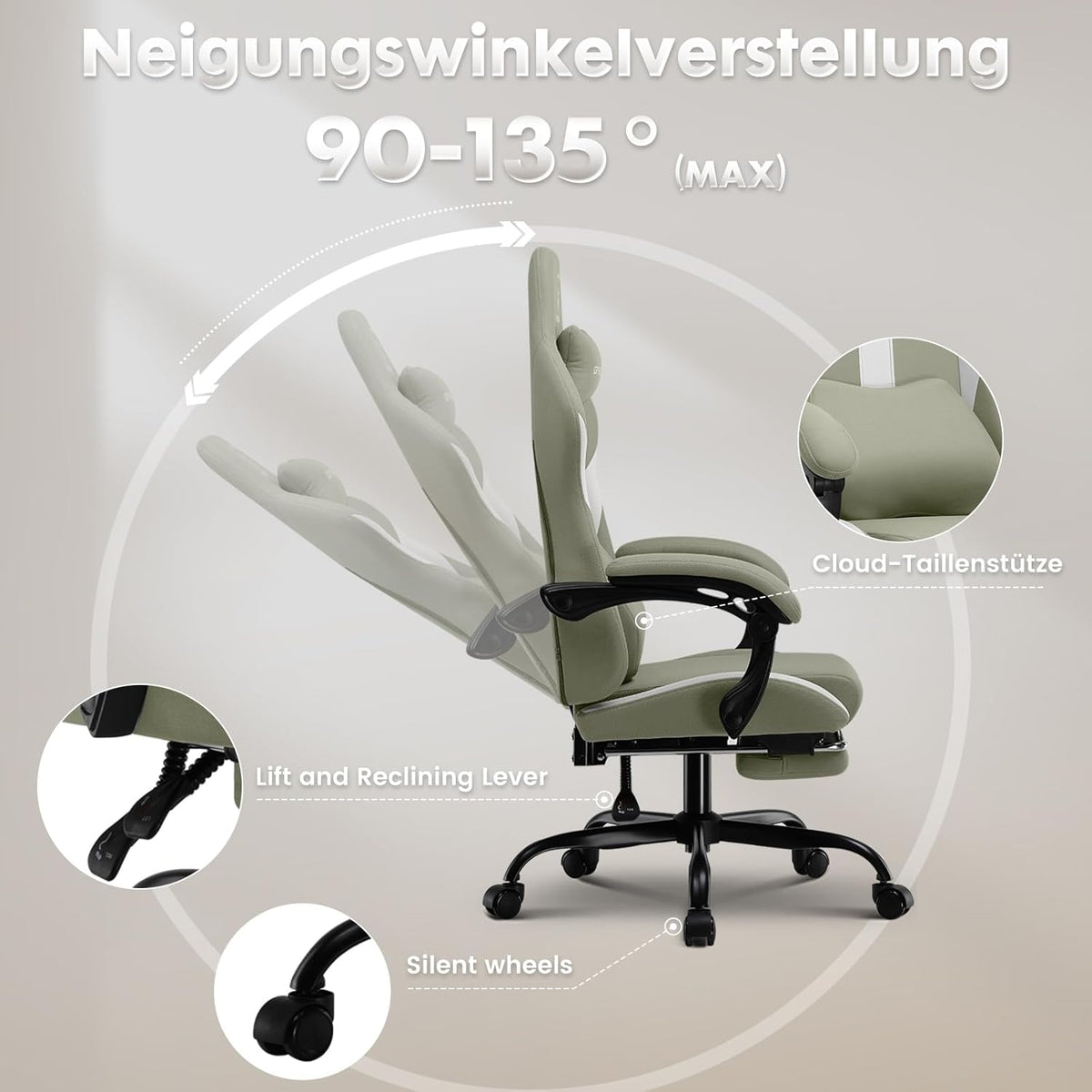 GTPLAYER Gaming stoel, bureaustoel, ergonomische gamingstoel met hoofdsteun en cloud-lendenkussen, gevoerde gamingstoel met voetensteun, draaistoel, 150 kg capaciteit, groen