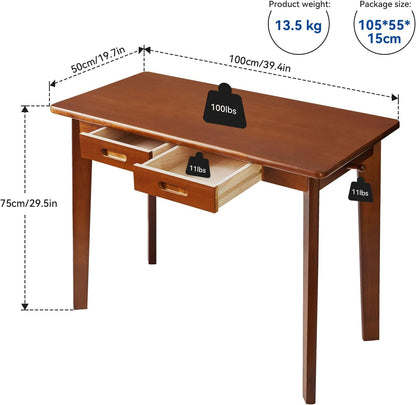 Massief Houten Bureau, Schrijfbureau, Kleine Kantoortafel met Laden, 39x20x30inch Computerbureau met Opslag en Hangstang voor Thuiskantoor, Rustiek Bruin YD-WD01H