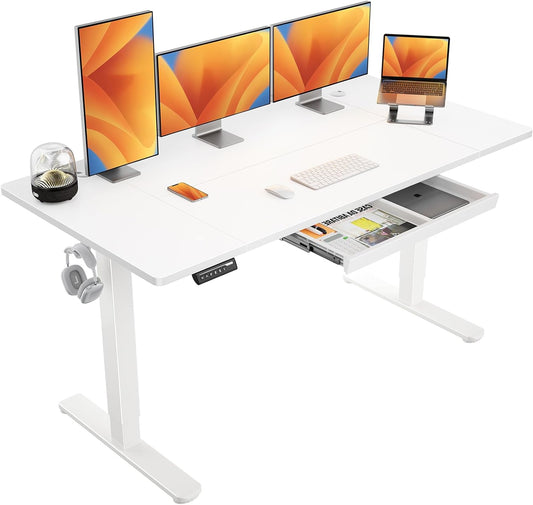 ErGear Electric Sit-Stand Desk 160 x 80cm, with Easy Sliding Drawer & 4 Memory Smart Panel, T-leg Design, Distribution Board, White Frame & Surface - QUORE