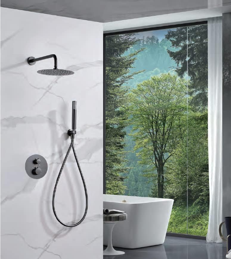 Thermostatische Douche Set – Douchekraan – Regendouche – Handdouche – Douche Thermostaat – Zwarte Gun Metal – Thermostaat met 2-weg Omschakeling – Ø 25 cm Regendouche